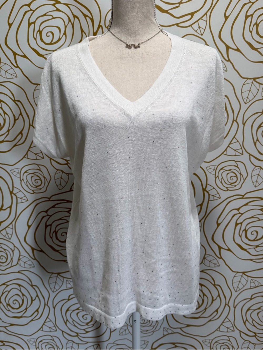 Peserico Tricot White V-Neck Short Sleeve Women's Top with sparkles